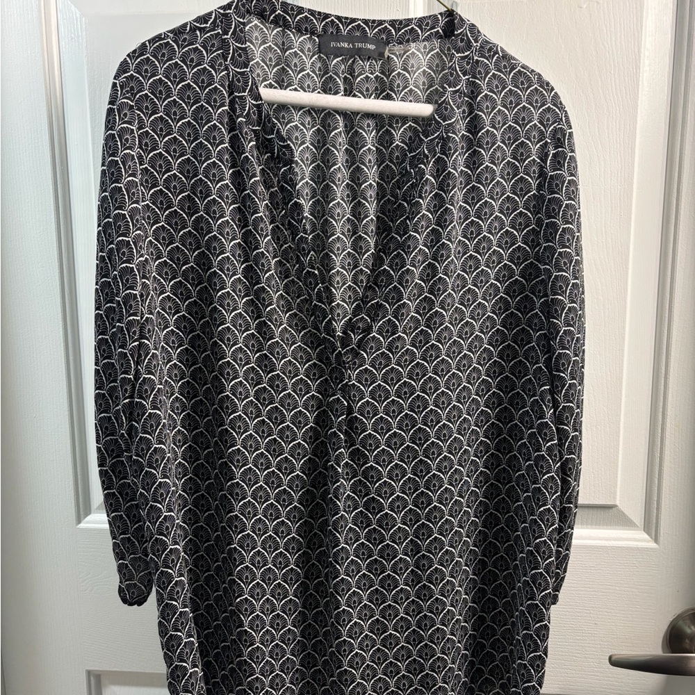 Ivanka Trump Black and White Boxy Blouse with Mandarin Collar